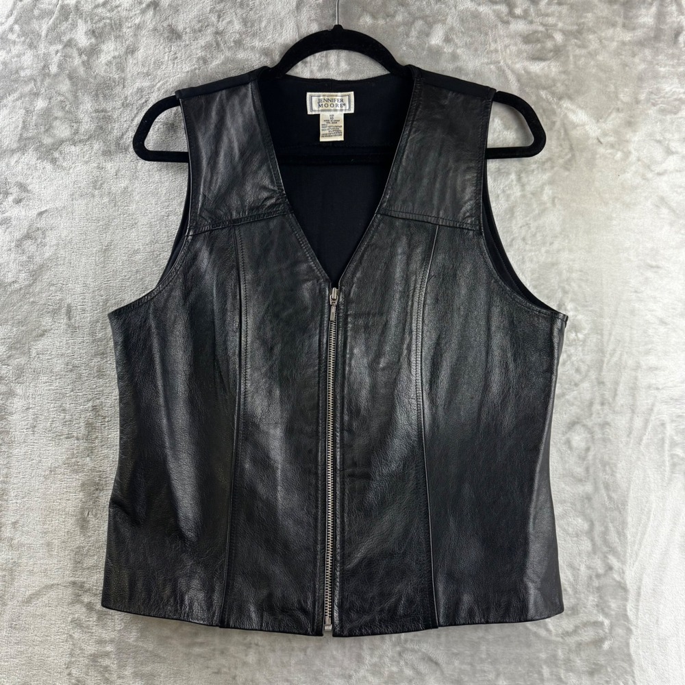 Jennifer Moore Leather Vest Women 10 Black Zip Up Mixed Media (1872)